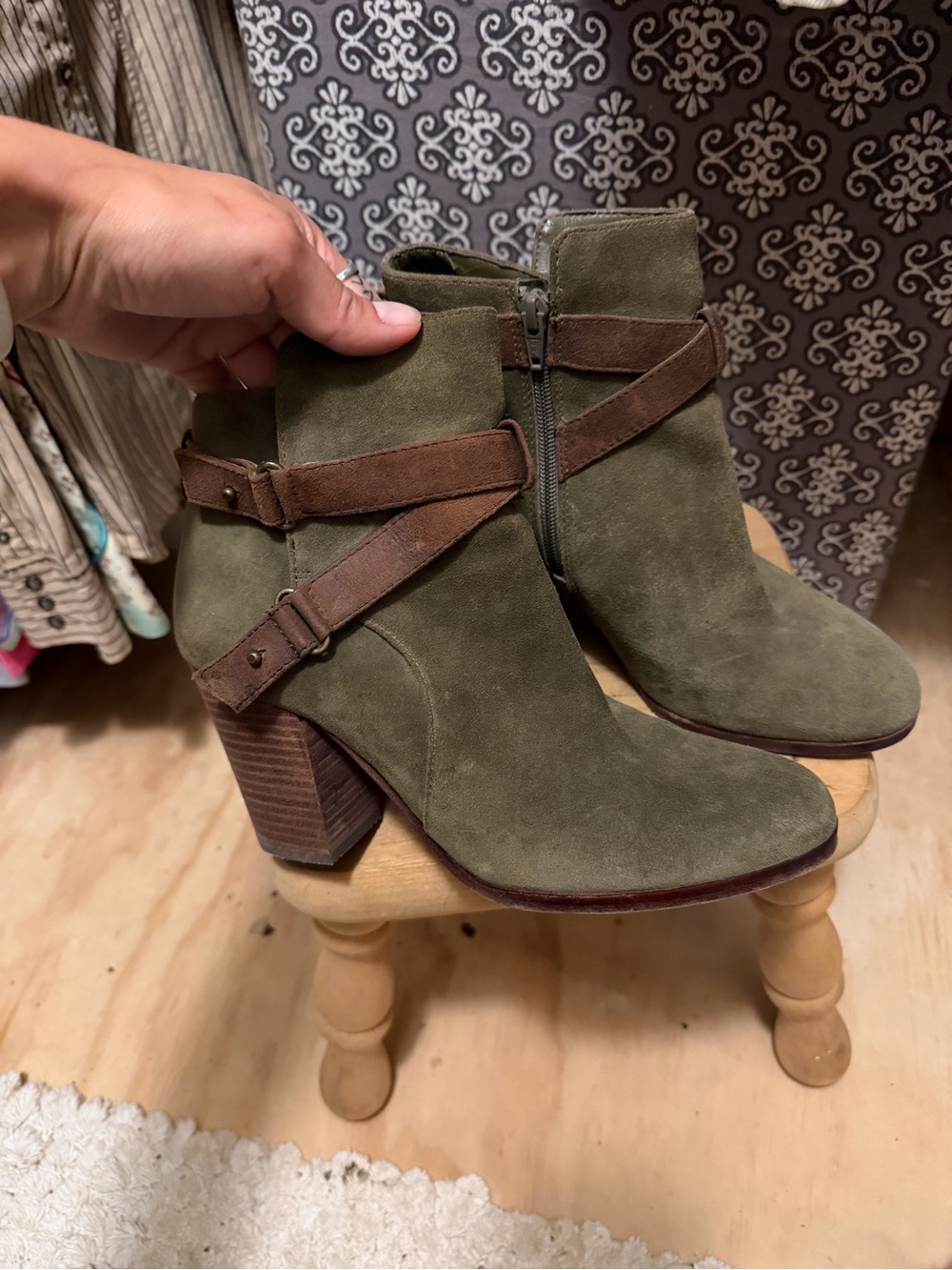 Olive Green Suede Ankle Boots with Brown Strap